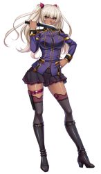 Rule 34 | &gt;:), 00s, 1girl, black footwear, black skirt, black thighhighs, blazer, blonde hair, boots, breasts, buckle, buttons, character name, closed mouth, combat knife, contrapposto, dark-skinned female, dark skin, detached sleeves, floating hair, full body, hair between eyes, hair ornament, hand on own hip, hand up, high heel boots, high heels, highres, holding, holding knife, holding weapon, holster, image sample, jacket, kagami hirotaka, kangoku senkan, kangoku senkan 3, kila kushan, knee boots, knife, lace, lace-trimmed legwear, lace trim, large breasts, legs apart, light smile, lipstick, long hair, long sleeves, looking at viewer, makeup, military, military jacket, military uniform, miniskirt, official art, pink lips, pinky out, pleated skirt, pocket, purple eyes, resolution mismatch, skirt, sleeve cuffs, smile, smirk, solo, source larger, standing, thigh holster, thigh strap, thighhighs, transparent background, turtleneck, twintails, uniform, v-shaped eyebrows, weapon, white hair, zettai ryouiki