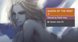 Rule 34 | 1girl, bad id, bad pixiv id, black sclera, blue eyes, blue skin, breasts, character name, colored sclera, colored skin, destiny (game), english text, gameplay mechanics, gray bear, lying, mara sov, nude, queen of the reef, smile, solo, white hair