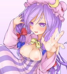 Rule 34 | 1girl, blush, breasts, commentary, crescent pin, cum, cum on fingers, cum on hands, hair ribbon, hand in own hair, hat, long hair, looking at viewer, maa (maa1), nipples, open clothes, open mouth, patchouli knowledge, purple eyes, purple hair, ribbon, simple background, smile, touhou