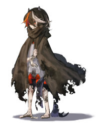 Rule 34 | 1girl, black cape, black hair, cape, closed mouth, commentary request, cone horns, dress, full body, grey horns, highres, horns, kijin seija, multicolored hair, nanashi nasi, red eyes, short hair, simple background, solo, standing, streaked hair, touhou, white background, white dress, white headwear