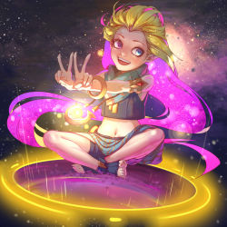 Rule 34 | 1girl, :d, absurdly long hair, armlet, barefoot, blonde hair, blue eyes, bracelet, crop top, double v, feet, full body, heterochromia, highres, hong yu, indian style, jewelry, league of legends, long hair, midriff, multicolored hair, navel, necklace, open mouth, purple eyes, purple hair, sarong, scarf, shorts, sitting, sky, smile, solo, star (sky), starry sky, toeless legwear, toes, two-tone hair, v, very long hair, zoe (league of legends)