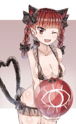 Rule 34 | 1girl, ;3, ;d, animal ears, arched back, bad id, bad pixiv id, ball, bare shoulders, beachball, bikini, bikini top only, black bikini, black bow, blush, bow, braid, breasts, cat ears, cat tail, cleavage, collarbone, extra ears, fang, frilled bikini, frills, gradient background, highres, holding, holding ball, kaenbyou rin, long hair, looking at viewer, medium breasts, multiple tails, navel, nekomata, one eye closed, open mouth, pointy ears, re-ka, red eyes, red hair, shorts, skindentation, slit pupils, smile, solo, swimsuit, tail, touhou, tsurime, twin braids, v arms