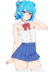 Rule 34 | 1boy, :o, absurdres, bare shoulders, blue eyes, blue hair, blue skirt, buttons, collarbone, collared shirt, dot nose, double bun, eyelashes, hair bun, highres, looking at viewer, looking to the side, male focus, medium hair, neck ribbon, original, pleated skirt, purple pupils, rakutosu, red ribbon, ribbon, shirt, sidelocks, skirt, sleeveless, sleeveless shirt, solo, thighhighs, trap, white background, white shirt, white thighhighs, wispy bangs, zettai ryouiki