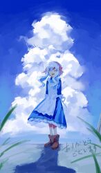 Rule 34 | 1girl, ^ ^, aaniko, apron, arms at sides, blue dress, blue sky, blue theme, boots, brown footwear, closed eyes, cloud, day, dress, facing viewer, frilled apron, frilled dress, frills, full body, grass, hair ribbon, hairband, highres, kagerou project, kozakura marry, mekakucity actors, open mouth, outdoors, painting (medium), pink hairband, pink ribbon, ribbon, shadow, sky, smile, solo, standing, thank you, traditional media, wavy hair, white apron, white hair