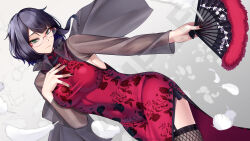 Rule 34 | 1girl, armpits, black hair, breasts, brown pantyhose, china dress, chinese clothes, closed mouth, coat, colored inner hair, commentary request, commission, dress, floral print, glasses, grey coat, hand fan, hand on own chest, highres, holding, holding fan, kutsuda miru, long sleeves, medium breasts, multicolored hair, original, pantyhose, print dress, purple hair, red dress, see-through, see-through coat, short hair, skeb commission, smile