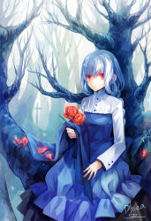 Rule 34 | 1girl, albino, bad id, bad pixiv id, bare tree, blue theme, braid, branch, colored eyelashes, cross, dhiea, dress, expressionless, eyelashes, flower, holding, original, petals, red eyes, rose, rose petals, signature, silver hair, sitting, solo, tree