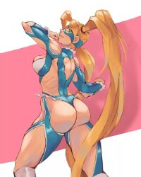 Rule 34 | 1girl, ass, ass cutout, ass focus, back cutout, bare shoulders, blonde hair, blue eyes, breasts, cleavage, cleavage cutout, clothing cutout, countgalatea, from behind, heart cutout, highres, large breasts, leotard, long hair, mask, muscular, muscular female, rainbow mika, revealing clothes, solo, street fighter, thong leotard, twintails, very long hair, wrestling outfit