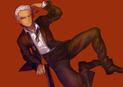 Rule 34 | 1boy, archer (fate), dark skin, dark-skinned male, fate/stay night, fate (series), formal, furon (froon), grey eyes, gun, hair slicked back, lying, male focus, on side, red background, short hair, solo, suit, weapon, white hair