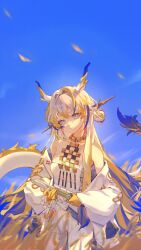 Rule 34 | 1girl, arknights, bare shoulders, blue eyes, blue sky, blurry, blurry foreground, breasts, closed mouth, commentary request, dragon horns, dragon tail, dress, drone (drone 37), gloves, grey hair, head tilt, highres, holding, holding weapon, horns, long hair, long sleeves, looking at viewer, off shoulder, pointy ears, shu (arknights), sky, small breasts, smile, solo, strapless, strapless dress, tail, weapon, white dress, yellow gloves