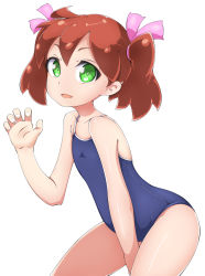 Rule 34 | 1girl, between legs, blue one-piece swimsuit, brown hair, claw pose, commentary request, competition school swimsuit, flat chest, green eyes, hand between legs, highres, leaning forward, long hair, one-piece swimsuit, open mouth, ribbon, saru getchu, sayaka (saru getchu), school swimsuit, simple background, smile, solo, swimsuit, thighs, white background, wolfdale
