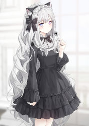 Rule 34 | 1girl, animal ears, black bow, black dress, black nails, blue eyes, bow, bowtie, candy, cat ears, collared dress, commission, dress, expressionless, fake animal ears, food, frilled dress, frills, grey hair, hand up, headdress, heterochromia, highres, lollipop, long hair, long sleeves, looking at viewer, nail polish, original, pixiv commission, purple eyes, ronopu, solo, standing, very long hair, wavy hair