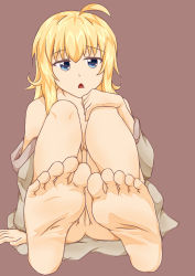 Rule 34 | 1girl, ahoge, barefoot, blonde hair, blue eyes, feet, foot focus, gabriel dropout, hand on own knee, highres, long hair, looking at viewer, nude, open mouth, pov, pussy, sitting, soles, gabriel tenma white, toes, uncensored