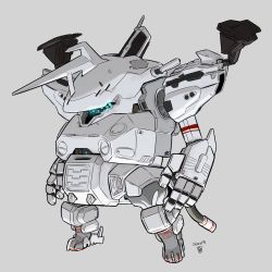 Rule 34 | armored core, armored core: for answer, bad id, bad twitter id, blue eyes, extra eyes, fusion, grey background, highres, horns, jgsdf type 07 tank natchin, mecha, moi moi7, no humans, open hands, original, robot, science fiction, single horn, solo, white glint