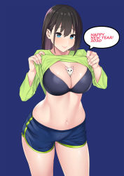 Rule 34 | 1girl, animal, between breasts, black bra, blue background, blue eyes, blush, bra, breasts, brown hair, cleavage, clothes lift, highres, lifting own clothes, long hair, mole, mole on breast, mouse (animal), navel, original, shirt lift, shorts, simple background, solo, underwear, zonda (solid air)