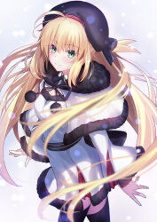 Rule 34 | 1girl, ahoge, artoria caster (fate), artoria caster (second ascension) (fate), artoria pendragon (fate), beret, black hat, black thighhighs, blonde hair, blush, breasts, capelet, contemporary, dress, fate/grand order, fate (series), fur-trimmed dress, fur collar, fur trim, green eyes, hat, highres, long hair, long sleeves, looking at viewer, medium breasts, neko daruma, smile, solo, thighhighs, thighs, twintails, white capelet, white dress
