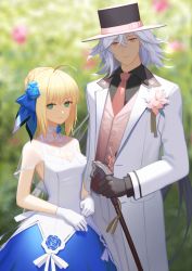 Rule 34 | 1boy, 1girl, ahoge, aqua eyes, artoria pendragon (all), artoria pendragon (fate), black gloves, black headwear, black shirt, blonde hair, blue dress, blue flower, blue ribbon, blue rose, blurry, blurry background, boutonniere, braid, braided bun, breasts, cane, choker, cleavage, closed mouth, coat, collared shirt, cowboy shot, dress, fate/grand order, fate (series), floral print, flower, formal, gloves, hair between eyes, hair bun, hair flower, hair ornament, hair ribbon, hat, highres, holding, holding cane, long hair, long sleeves, merlin (fate), necktie, official alternate costume, pants, pink headwear, pink neckwear, pink vest, pisu, ribbon, rose, saber (fate), saber (fgo x takarazuka kinen) (fate), see-through, see-through cleavage, shirt, sidelocks, silver hair, single hair bun, small breasts, smile, stenciled rose, suit, tassel, top hat, two-tone headwear, vest, white coat, white dress, white gloves, white pants