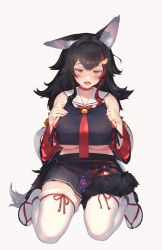 Rule 34 | 1girl, animal ears, asymmetrical ears, bare shoulders, bell, black hair, black shirt, black skirt, black sleeves, blush, breasts, choker, cropped shirt, detached sleeves, embarrassed, flipped hair, floral print, full body, hair between eyes, hair ornament, hairclip, hand on own chest, highres, hololive, huge breasts, jingle bell, kouhaku nawa, large breasts, long hair, looking at viewer, miniskirt, multicolored hair, necktie, no bra, ookami mio, ookami mio (1st costume), open mouth, pleated skirt, red choker, red hair, red necktie, rope, sailor collar, sailor shirt, school uniform, seiza, serafuku, shimenawa, shirt, side slit, sidelocks, sitting, skirt, sleeveless, solo, sssangan, streaked hair, tabi, tail, tail around own leg, tail wrap, thick thighs, thighhighs, thighs, unaligned ears, underboob, vaulting horse, very long hair, virtual youtuber, white hair, white thighhighs, wolf ears, wolf girl, wolf tail, yellow eyes