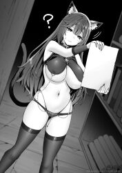 Rule 34 | 1girl, ?, animal ear fluff, animal ears, bikini, breasts, cat ears, cat girl, cat tail, character request, cleavage, groin, highres, holding, large breasts, little witch nobeta, long hair, lowleg, lowleg bikini, monochrome, navel, paper, reading, second-party source, sky-freedom, solo, standing, stomach, swimsuit, tail, thighhighs, thighs