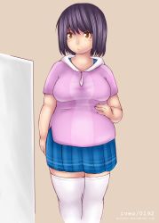 Rule 34 | 1girl, :&lt;, belly, black hair, breasts, brown eyes, hand on own stomach, highres, hood, hoodie, iveo, medium breasts, miniskirt, original, plump, short hair, skirt, solo, thighhighs, weight conscious, white thighhighs