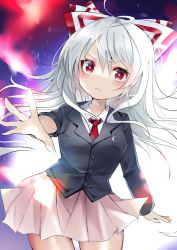 Rule 34 | 1girl, absurdres, bad id, bad pixiv id, blue jacket, blush, bow, commentary request, cosplay, fire, fujiwara no mokou, hair bow, highres, hiiro60, jacket, long hair, looking at viewer, necktie, outstretched hand, pink skirt, pleated skirt, red eyes, red necktie, reisen udongein inaba, reisen udongein inaba (cosplay), shirt, silver hair, skirt, solo, touhou, white bow, white shirt