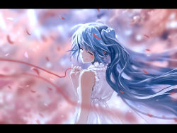 Rule 34 | 1girl, bare shoulders, blue hair, blurry, blush, bob (biyonbiyon), closed eyes, depth of field, dress, hatsune miku, letterboxed, long hair, looking at viewer, looking back, necktie, petals, pinky out, smile, solo, string, string of fate, sundress, twintails, very long hair, vocaloid