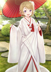 Rule 34 | 1girl, :d, ball, blush, bride, bridge, brown hair, day, embroidery, feet out of frame, flat chest, flower, garden, hair flower, hair ornament, holding, holding umbrella, japanese clothes, kanzashi, kimono, koizumi hanayo, long sleeves, looking at viewer, love live!, love live! school idol project, namaru (summer dandy), oil-paper umbrella, open mouth, outdoors, photo background, pond, purple eyes, road, short hair, sleeves past wrists, smile, solo, standing, stone, sunlight, swept bangs, tassel, uchikake, umbrella, w arms, white flower, white kimono