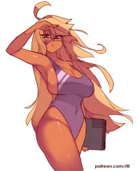 Rule 34 | 1girl, ahoge, alma armas, blonde hair, breasts, brown eyes, cleavage, computer, covered navel, curvy, dark-skinned female, dark skin, glasses, holding, holding laptop, huge ahoge, laptop, large breasts, long hair, one-piece swimsuit, purple one-piece swimsuit, rtil, shading eyes, sideboob, solo, standing, strap gap, swimsuit, thighs, va-11 hall-a, very long hair, white background