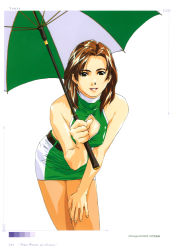 Rule 34 | 1girl, absurdres, breasts, brown hair, cleavage, cleavage cutout, clothing cutout, highres, horibe hiderou, leaning forward, original, race queen, solo, umbrella, yours (art book)