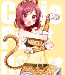 Rule 34 | 10s, 1girl, animal ears, animal print, arm warmers, bare shoulders, blush, fang, leopard ears, leopard print, leopard tail, looking at viewer, love live!, love live! school idol festival, love live! school idol project, navel, nishikino maki, open mouth, purple eyes, red hair, see-through, short hair, simple background, skirt, solo, tail, yuyupo
