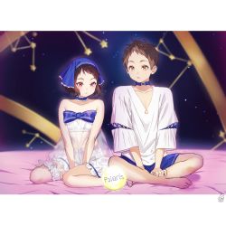 Rule 34 | 1boy, 1girl, bare arms, bare legs, bare shoulders, barefoot, between legs, bloomers, blue bow, blue shorts, blurry, blurry background, bow, brown eyes, brown hair, collar, collarbone, crop top, depth of field, fukube satoshi, highres, hyouka, ibara mayaka, indian style, bridal garter, letterboxed, long sleeves, looking at viewer, mery (yangmalgage), midriff, multiple girls, pink eyes, see-through, shadow, shirt, short hair, short shorts, shorts, sitting, star (symbol), underwear, watermark, white shirt