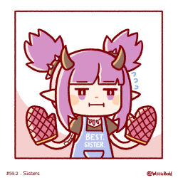 Rule 34 | 1girl, 1koma, apron, arknights, black shirt, blue apron, blunt bangs, chibi, comic, commentary, demon horns, english commentary, english text, flying sweatdrops, highres, horns, jewelry, lava (arknights), long hair, necklace, oven mitts, pointy ears, purple eyes, purple hair, shirt, solo, twintails, twitter username, wittle red