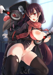 Rule 34 | 1girl, arms behind back, bar censor, bdsm, black thighhighs, blush, bondage, bound, bound arms, breasts, brown hair, censored, dildo, egg vibrator, fang, girls&#039; frontline, hair ribbon, half updo, hitachi magic wand, hm (hmongt), inverted nipples, kneeling, large breasts, long hair, luggage, metal detector, navel, nipples, official alternate costume, open mouth, puffy nipples, red eyes, red ribbon, ribbon, scarf, sex toy, solo focus, thighhighs, torn clothes, torn legwear, very long hair, vibrator, wa2000 (date in the snow) (girls&#039; frontline), wa2000 (girls&#039; frontline)