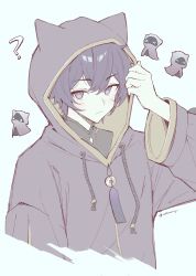 &gt;_&lt; 1boy ? ^_^ absurdres black_hair black_jacket black_shirt blush closed_eyes closed_mouth commentary cropped_torso frown highres hood hood_up hooded_jacket indie_virtual_youtuber jacket long_sleeves looking_at_viewer male_focus shirt short_hair shoto_(vtuber) solo tofumang twitter_username upper_body virtual_youtuber