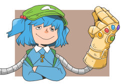 Rule 34 | &gt;:), 1girl, backpack, bag, black eyes, blouse, blue hair, blue shirt, border, brown background, commentary request, crossed arms, flat cap, gauntlets, hair bobbles, hair ornament, hat, infinity gauntlet, kawashiro nitori, key, long sleeves, marvel, mechanical arms, onikobe rin, outside border, shirt, short hair, sidelocks, simple background, single mechanical arm, smile, smug, solo, thanos, touhou, two side up, v-shaped eyebrows, white border