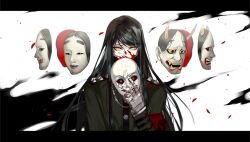Rule 34 | 1boy, altimaen iten, androgynous, armband, bandaged hand, bandages, black hair, blood, blood on face, buttons, covered mouth, danganronpa (series), danganronpa v3: killing harmony, darkness, green jacket, green sleeves, holding, holding mask, jacket, layered sleeves, letterboxed, long hair, long sleeves, looking at viewer, male focus, mask, no headwear, noh mask, oni mask, petals, red armband, rose petals, shinguji korekiyo, shoulder spikes, solo, spikes, straight-on, straight hair, third-party source, upper body, very long hair, white background, white mask