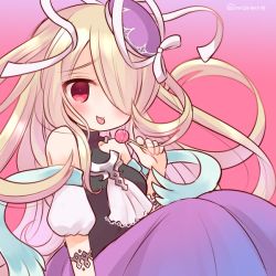 Rule 34 | 1girl, blonde hair, blush, candy, detached sleeves, dress, food, hair over one eye, hat, hat ribbon, lollipop, long hair, mashiro miru, md5 mismatch, pandora (p&amp;d), puffy short sleeves, puffy sleeves, puzzle &amp; dragons, red eyes, resized, ribbon, short sleeves, solo, tongue, tongue out, twitter username