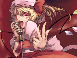 Rule 34 | 1girl, blonde hair, fangs, female focus, flandre scarlet, gradient background, hat, licking, microphone, microphone stand, mikage sekizai, mob cap, ponytail, red eyes, ribbon, solo, tongue, touhou