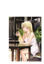 Rule 34 | 1girl, absurdres, btooom!, dress, highres, jewelry, necklace, outdoors, plant, sitting, solo, sundress