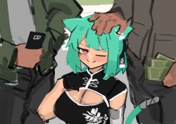 Rule 34 | 1girl, 2boys, animal ears, banknote, black gloves, blush, breasts, cat ears, cat tail, china dress, chinese clothes, cleavage, dress, gloves, green hair, headpat, highres, holding, holding money, holding phone, large breasts, money, multiple boys, original, phone, purple eyes, recording, sketch, tail, xerbatt