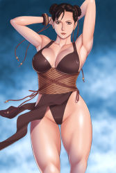 Rule 34 | 1girl, alternate costume, armpits, arms up, breasts, brown eyes, brown hair, capcom, chun-li, curvy, double bun, female focus, large breasts, lips, pelvic curtain, sash, short hair, solo, street fighter, street fighter iv (series), takasugi kou, thick thighs, thighs