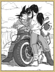 Rule 34 | 1boy, 1girl, ankle boots, arm support, black eyes, blouse, blunt bangs, boots, border, bush, chi-chi (dragon ball), chi (cmon 57), cloud, cloudy sky, crossed arms, denim, dragon ball, dragon ball (classic), dragonball z, eye contact, face-to-face, fingernails, full body, grass, greyscale, hair strand, helmet, highres, hill, horizon, jeans, long sleeves, looking at another, monochrome, motor vehicle, motorcycle, motorcycle helmet, mountainous horizon, nature, on motorcycle, open mouth, outdoors, pants, ponytail, rear-view mirror, shade, shadow, shirt, sidelocks, sitting, sky, smile, son goku, spiked hair, spread legs, standing, standing on one leg, yellow border