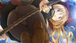 Rule 34 | 1girl, :o, ass, blonde hair, blue eyes, boots, broom, broom riding, brown footwear, day, from below, game cg, gusset, hat, koku, light rays, liz mathers, long hair, looking at viewer, looking down, official art, open mouth, panties, panties under pantyhose, pantyhose, seishun fragile, sidesaddle, sky, solo, underwear, upskirt, witch hat