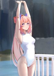 Rule 34 | 1girl, alternate costume, arms up, bare arms, blurry, blurry background, bow-shaped hair, breasts, closed mouth, colored tips, cowboy shot, genshin impact, gradient hair, head wings, highleg, highleg swimsuit, highres, legs together, long hair, medium breasts, mockingeu, multicolored hair, one-piece swimsuit, pink hair, purple eyes, sangonomiya kokomi, short eyebrows, smile, solo, standing, swimsuit, thick eyebrows, thighs, white one-piece swimsuit, wings