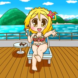 Rule 34 | 1girl, artist name, artist request, back bow, bare legs, bare shoulders, barefoot, bikini, bikini skirt, blonde hair, blue sky, blush, bow, braid, breasts, brown eyes, chair, chibi, cleavage, cloud, collarbone, crown braid, cup, day, drinking glass, feet, female focus, flower, flower print, frilled bikini, frills, full body, green eyes, hair flower, hair ornament, hair rings, hibiscus, highres, holding, holding drinking glass, leg up, looking at viewer, love live!, love live! school idol festival, love live! sunshine!!, mountain, navel, ocean, ohara mari, on chair, outdoors, outstretched arm, parted lips, plaid, plaid bikini, red bikini, red flower, short hair, sitting, sky, small breasts, smile, soles, solo, sunglasses, swimsuit, table, thrilling one way, white bow, yellow eyes