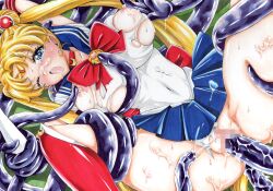 Rule 34 | 1girl, absurdres, bishoujo senshi sailor moon, bishoujo senshi sailor moon (first season), blonde hair, blue eyes, blue skirt, boots, bow, censored, earrings, highres, hmdark-9, jewelry, leotard, long hair, looking at viewer, mosaic censoring, nipples, one eye closed, open mouth, pussy, rape, red bow, red footwear, restrained, sailor moon, school uniform, serafuku, skirt, solo, tears, tentacle sex, tentacles, torn clothes, traditional media, tsukino usagi, twintails, very long hair, white leotard