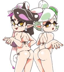 Rule 34 | + +, 2girls, ass, ass-to-ass, ass press, bare shoulders, belly, bikini, black bikini, black hair, breasts, callie (splatoon), commentary, eyebrows, fang, green hair, inkerton-kun, inkling, large breasts, long hair, looking at viewer, looking back, marie (splatoon), mole, mole under eye, multiple girls, nintendo, parted lips, pointy ears, short hair, simple background, skindentation, splatoon (series), swimsuit, tentacle hair, thighs, very long hair, white background, yellow eyes