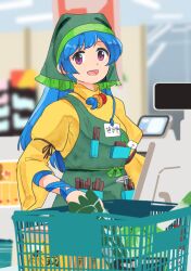 1girl absurdres apron blue_hair cash_register cashier commentary_request dress green_apron haniyasushin_keiki headscarf highres jewelry leftame long_hair looking_at_viewer magatama magatama_necklace necklace open_mouth pink_eyes shopping_basket single_strap smile solo tools touhou upper_body yellow_dress