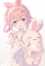 Rule 34 | 1girl, :3, :o, animal ears, braided hair rings, carrot hair ornament, commentary request, fake animal ears, food-themed hair ornament, frills, hair between eyes, hair ornament, hand to own mouth, hand up, highres, hugging object, long sleeves, looking at viewer, nightgown, nijisanji, official alternate costume, open mouth, pink hair, purple eyes, rabbit ears, simple background, solo, stuffed animal, stuffed rabbit, stuffed toy, suo sango, suo sango (2nd costume), upper body, virtual youtuber, white background, white nightgown, wide sleeves, yuan (yyuan000)