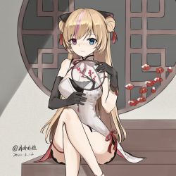 Rule 34 | 1girl, animal ears, black gloves, blonde hair, blue eyes, blush, breasts, cat ears, china dress, chinese clothes, cleavage, closed mouth, crossed legs, dated, double bun, dress, fake animal ears, feet out of frame, girls&#039; frontline, gloves, hair bun, hand fan, heterochromia, highres, holding, holding fan, long hair, looking at viewer, medium breasts, mk23 (girls&#039; frontline), mk23 (honey flower) (girls&#039; frontline), multicolored hair, official alternate costume, pink eyes, sakatakin, simple background, sitting, smile, solo