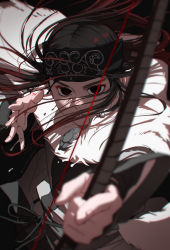 Rule 34 | 1girl, absurdres, ainu, ainu clothes, asirpa, bandana, black eyes, black hair, blue bandana, blurry, bow (weapon), cape, cowboy shot, depth of field, earrings, fur cape, golden kamuy, headband, highres, hoop earrings, jewelry, long hair, looking at viewer, reman kamuy, solo, upper body, weapon, white background, white cape